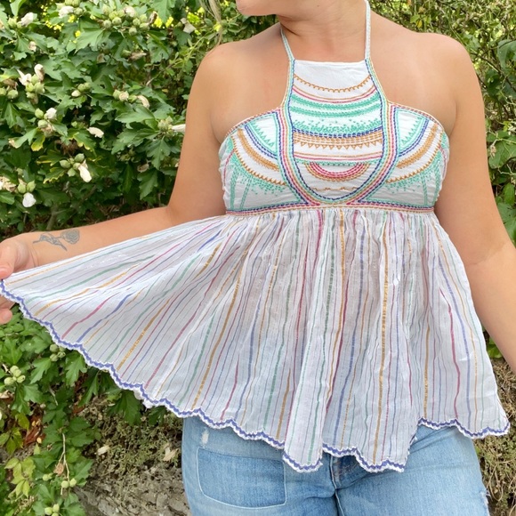 Anthro Tie Neck Itzel Halter Blouse w/ Stitching Details Small - Picture 2 of 5